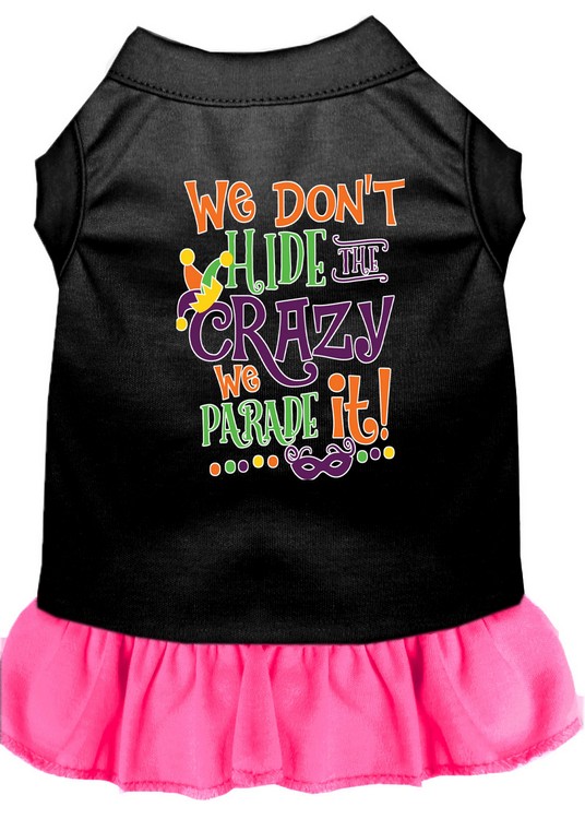 We Don't Hide the Crazy Screen Print Mardi Gras Dog Dress Black with Bright Pink Med